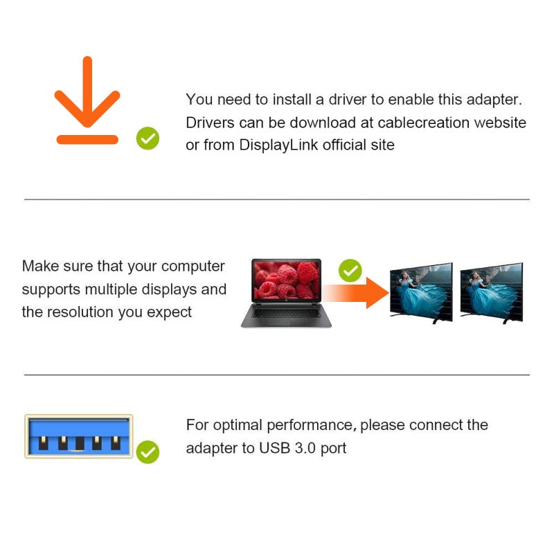 CableCreation محول كابل كرييشن USB 3.0 إلى HDMI مع DisplayLink، محول رسومات عرض خارجي USB متوافق مع Windows 11، 10 و macOS، أسود - Image 4